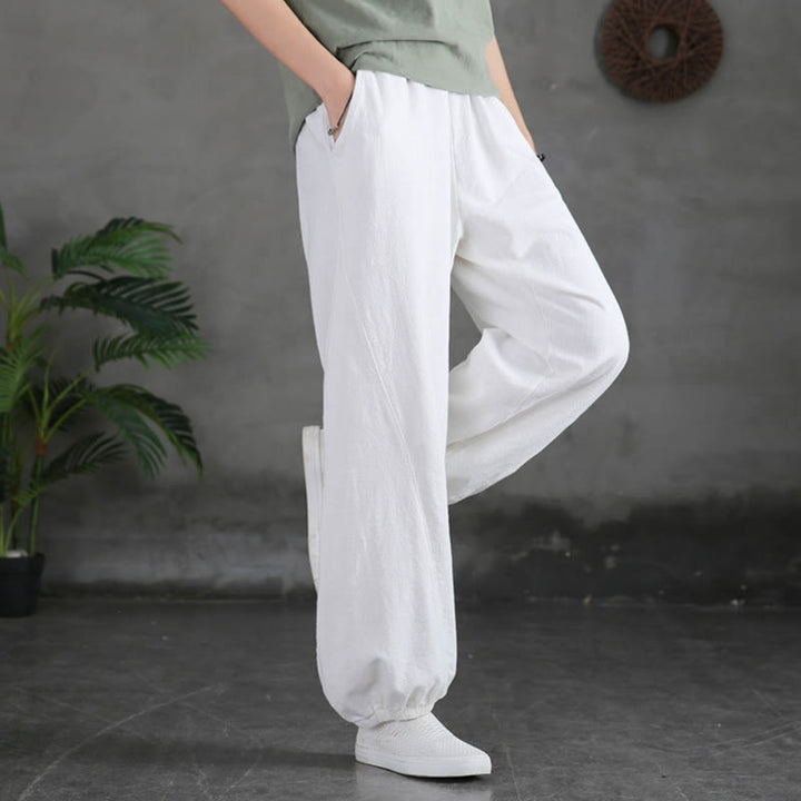 Buddha Stones Plain Color Ramie Linen Cotton Pants With Pockets