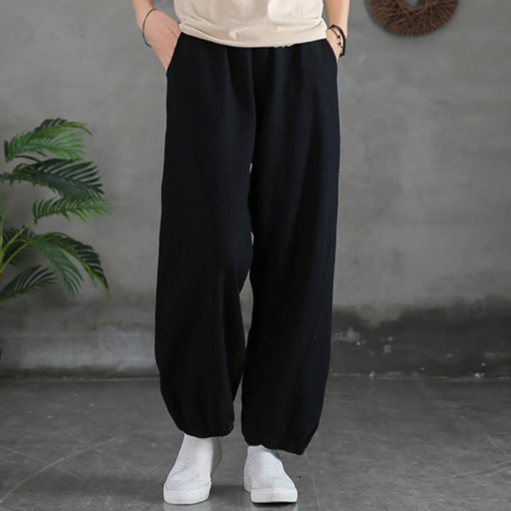 Buddha Stones Plain Color Ramie Linen Cotton Pants With Pockets