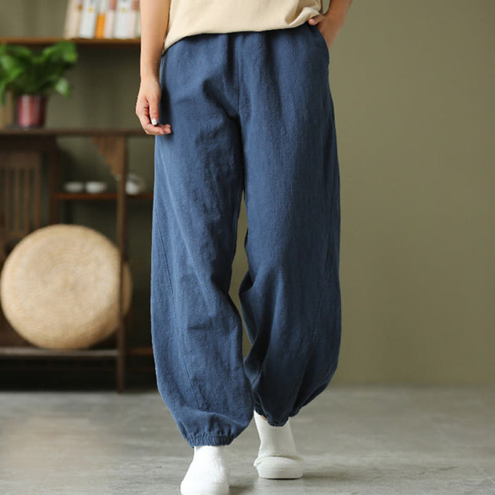 Buddha Stones Plain Color Ramie Linen Cotton Pants With Pockets