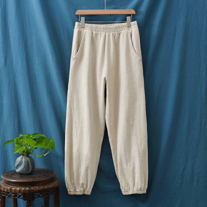 Buddha Stones Plain Color Ramie Linen Cotton Pants With Pockets