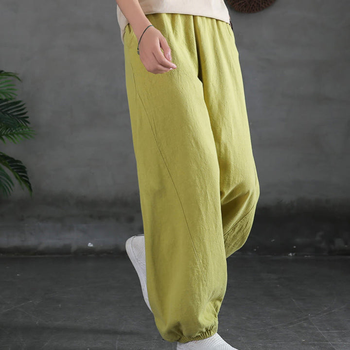 Buddha Stones Plain Color Ramie Linen Cotton Pants With Pockets