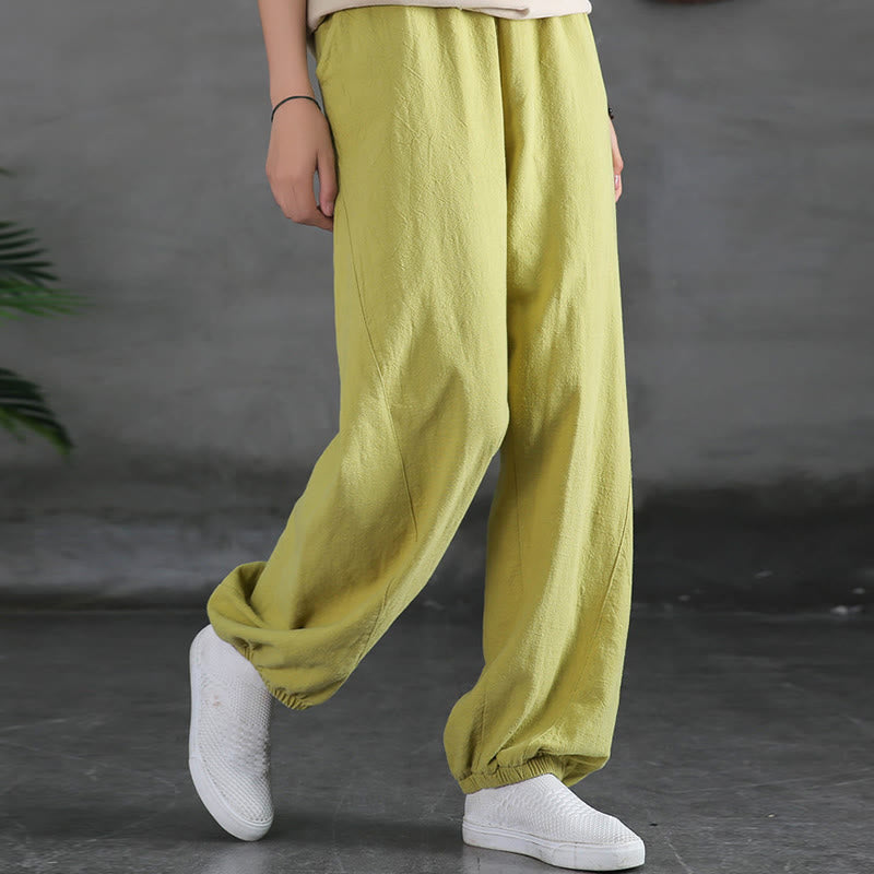 Buddha Stones Plain Color Ramie Linen Cotton Pants With Pockets