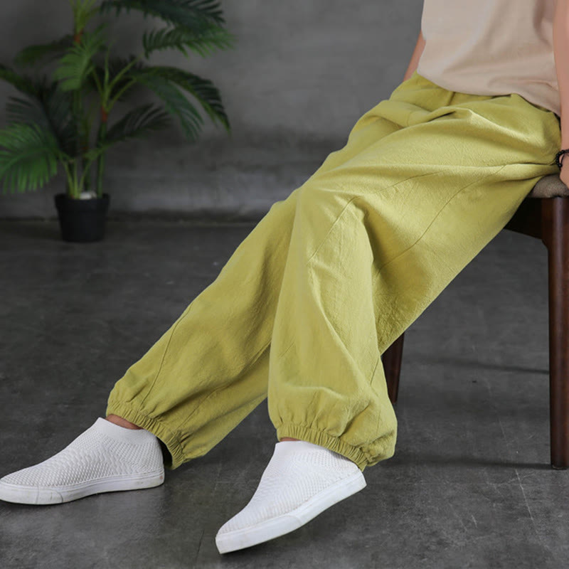 Buddha Stones Plain Color Ramie Linen Cotton Pants With Pockets