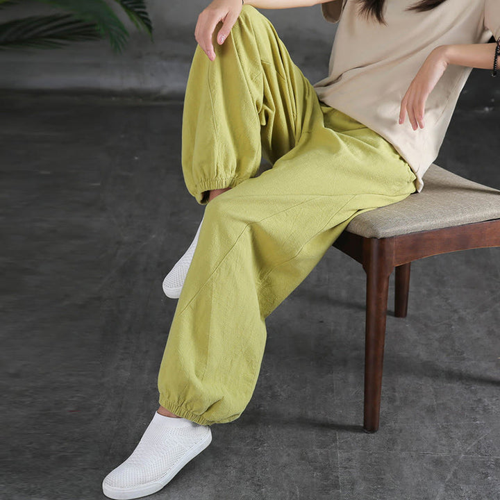 Buddha Stones Plain Color Ramie Linen Cotton Pants With Pockets