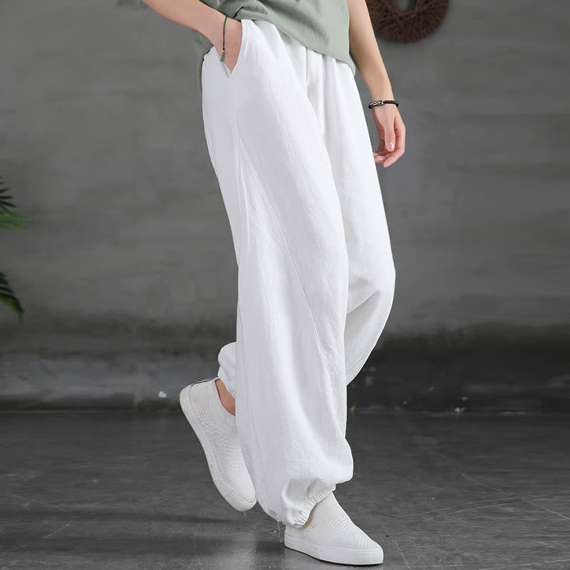 Buddha Stones Plain Color Ramie Linen Cotton Pants With Pockets