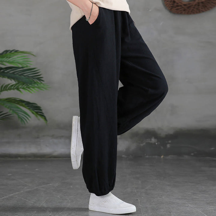 Buddha Stones Plain Color Ramie Linen Cotton Pants With Pockets