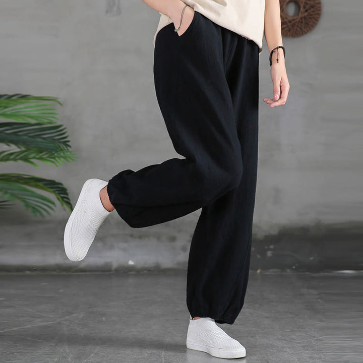 Buddha Stones Plain Color Ramie Linen Cotton Women's Pants With Pockets - image 44