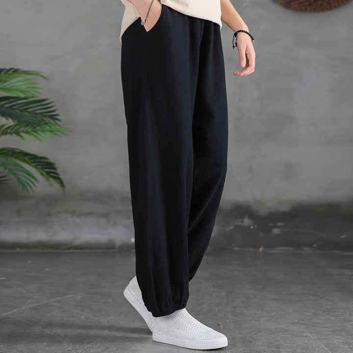 Buddha Stones Plain Color Ramie Linen Cotton Pants With Pockets