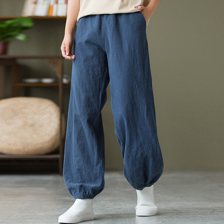 Buddha Stones Plain Color Ramie Linen Cotton Pants With Pockets