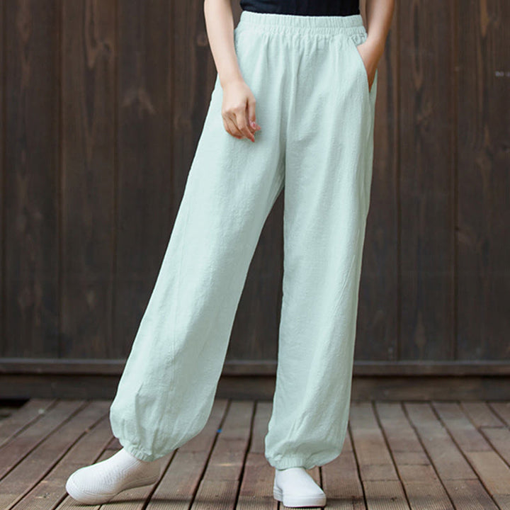 Buddha Stones Plain Color Ramie Linen Cotton Pants With Pockets