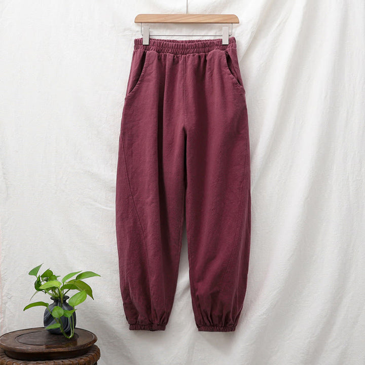 Buddha Stones Plain Color Ramie Linen Cotton Pants With Pockets