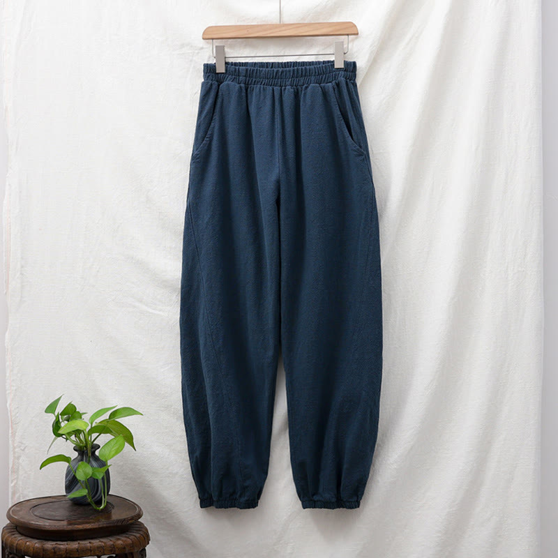 Buddha Stones Plain Color Ramie Linen Cotton Pants With Pockets