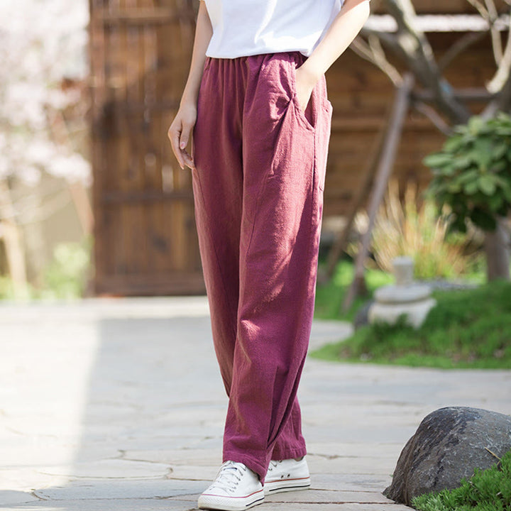 Buddha Stones Casual Ramie Linen Cotton Yoga Pants With Pockets - PaleVioletRed - US4，UK/AU8，EU36 (L) - image 14