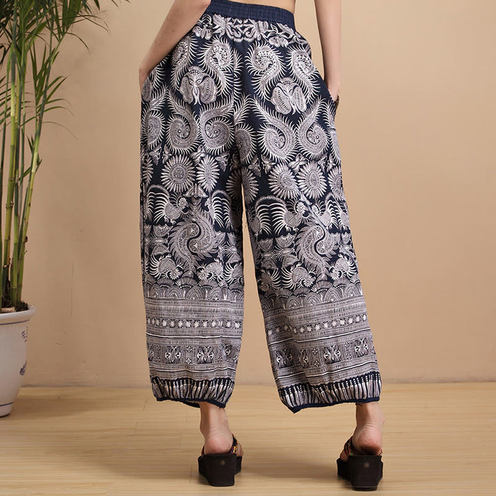 Buddha Stones Summer Blue And White Geometric Stripes Linen Pants With Pockets