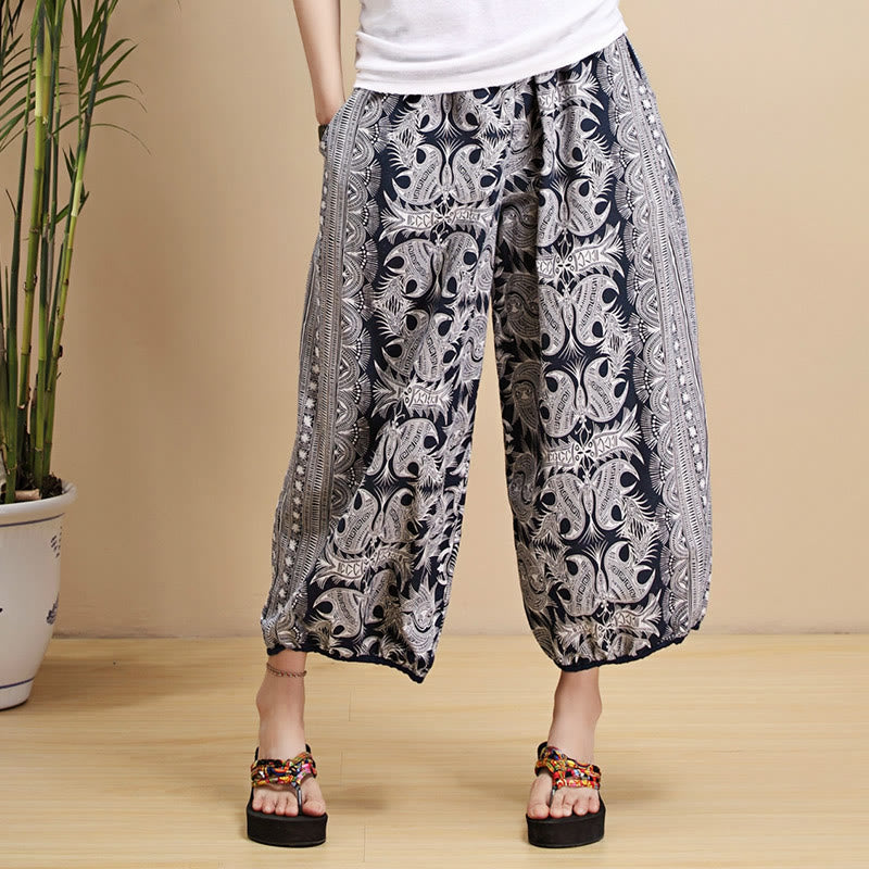 Buddha Stones Summer Blue And White Geometric Stripes Linen Pants With Pockets