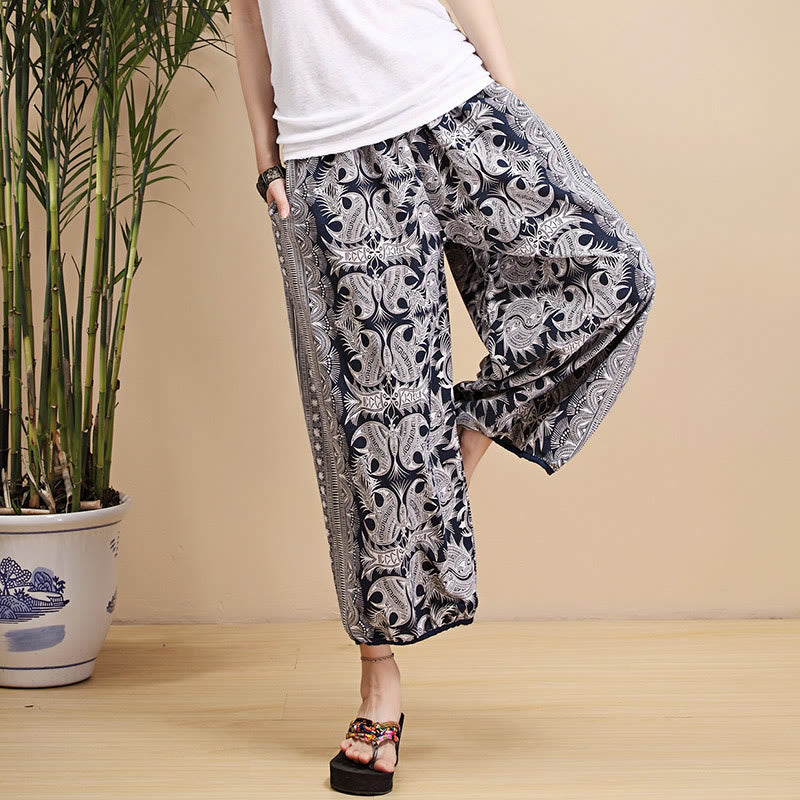 Buddha Stones Summer Blue And White Geometric Stripes Linen Pants With Pockets