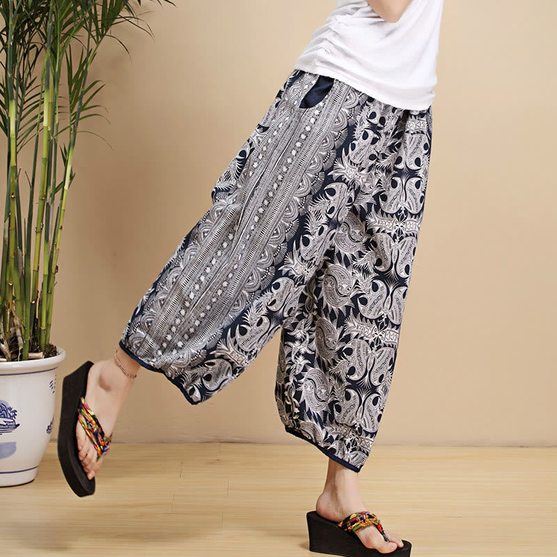 Buddha Stones Summer Blue And White Geometric Stripes Linen Pants With Pockets