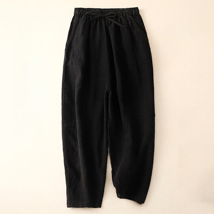 Buddha Stones Summer Women's Linen Drawstring Elastic Waist Harem Pants With Pockets - Black - US8-10，UK/AU12-14，EU40-42 (2XL) - image 7