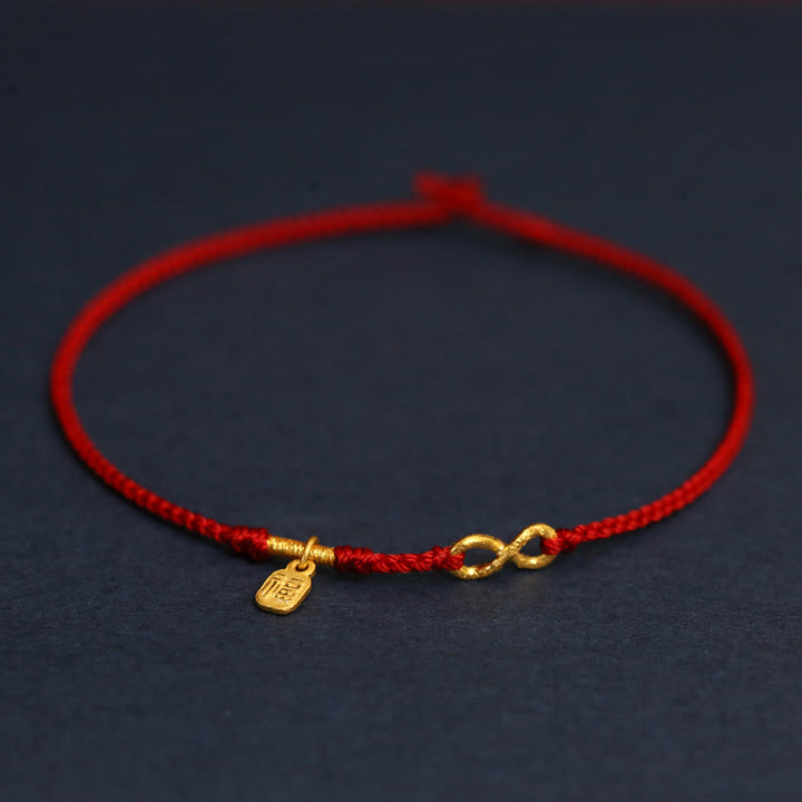 Buddha Stones 999 Gold Mobius Infinite Love Fu Character Copper Coin Protection Handmade Ultra-Thin Rope Bracelet