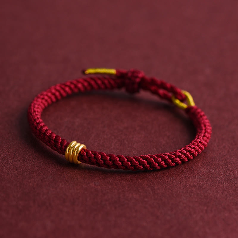 Buddha Stones 999 Gold Triple Ring Design Handmade Connection Braided Rope Bracelet