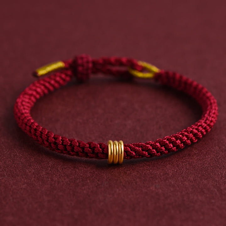 Buddha Stones 999 Gold Triple Ring Design Handmade Connection Braided Rope Bracelet