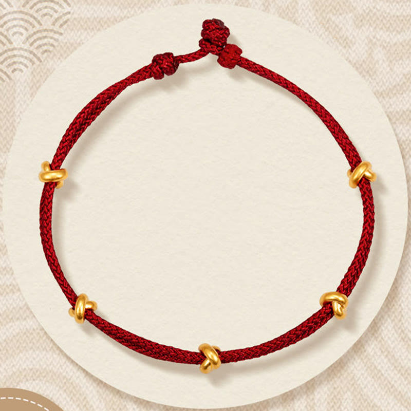 Buddha Stones 999 Gold Wish Knot Design Handmade Luck Braided Rope Bracelet - Five Beads(Gold About 0.5g) - 21cm - image 7