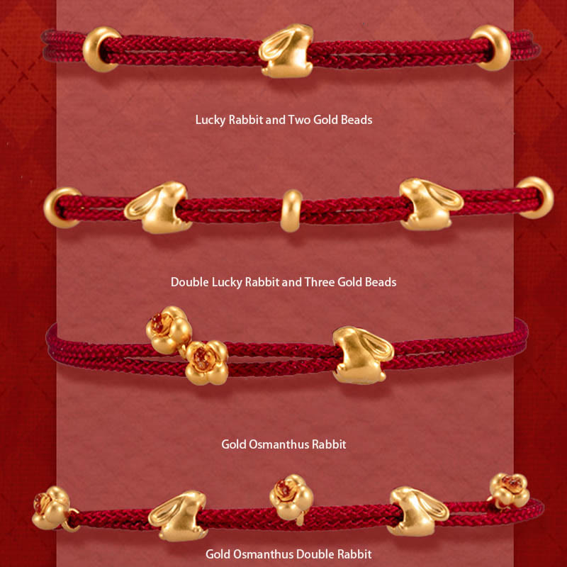 Buddha Stones 999 Gold Small Lucky Rabbit Osmanthus Design Handmade Luck Braided Rope Bracelet