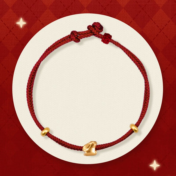 Buddha Stones 999 Gold Small Lucky Rabbit Osmanthus Design Handmade Luck Braided Rope Bracelet - Lucky Rabbit and Two Gold Beads(Gold About 0.31g) - 21cm - image 0