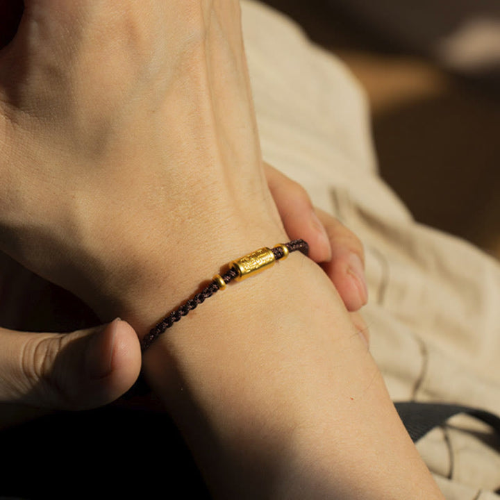 Buddha Stones 999 Gold Good Luck Amulet Carved Design Handmade Strength Braided Rope Bracelet - Brown(Gold About 0.68g) - 21cm - image 12