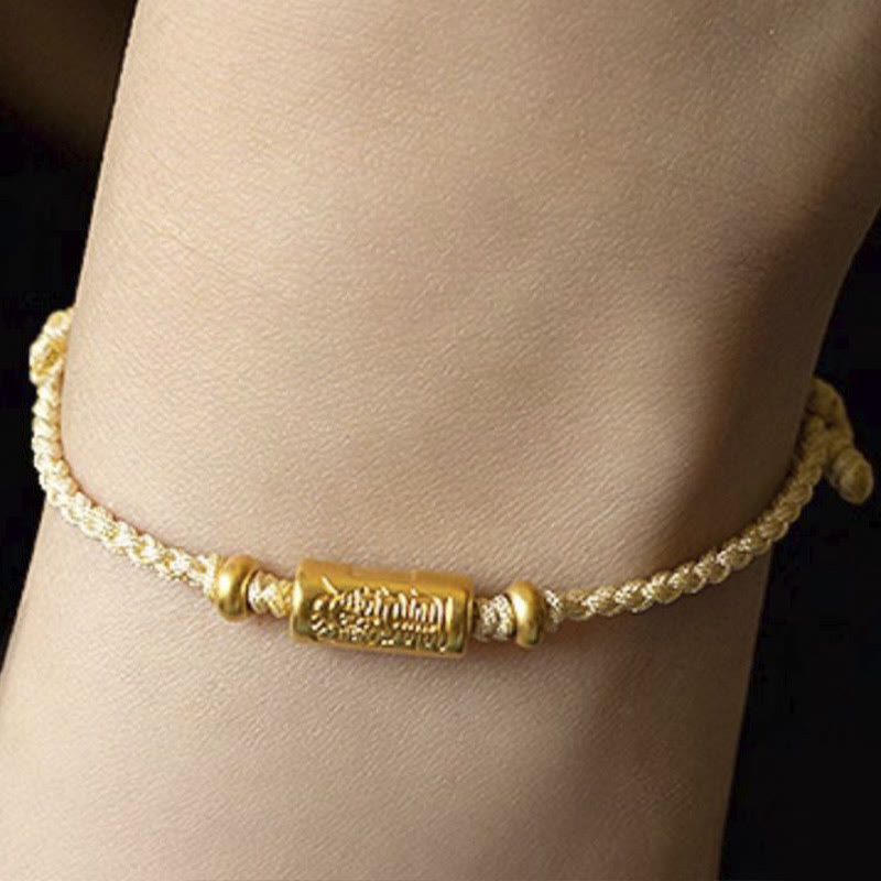 Buddha Stones 999 Gold Good Luck Amulet Carved Design Handmade Strength Braided Rope Bracelet