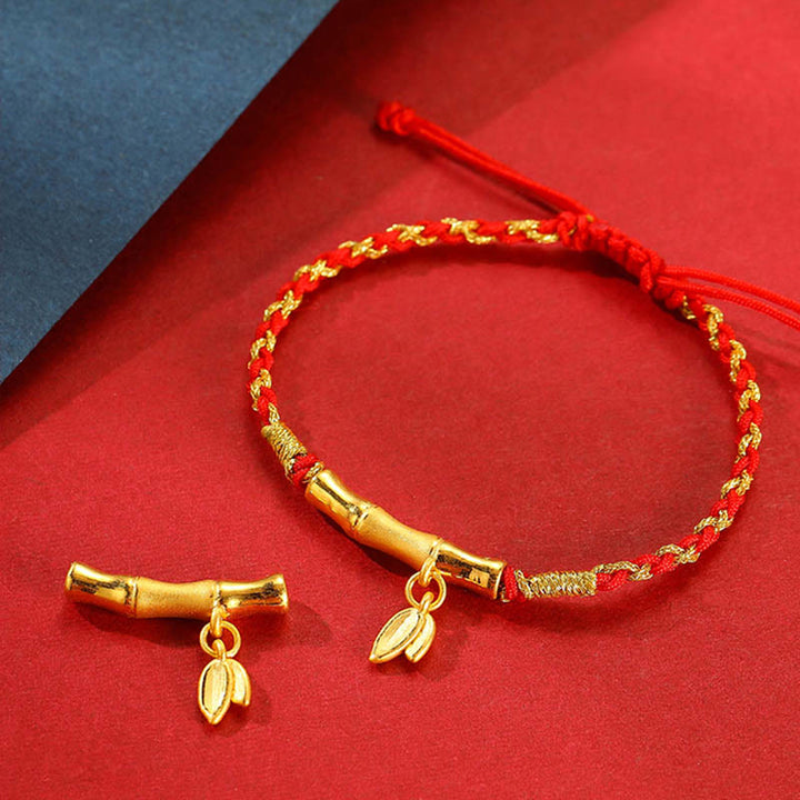 Buddha Stones 999 Gold Bamboo Leaf Design Handmade Protection Braided Rope Bracelet