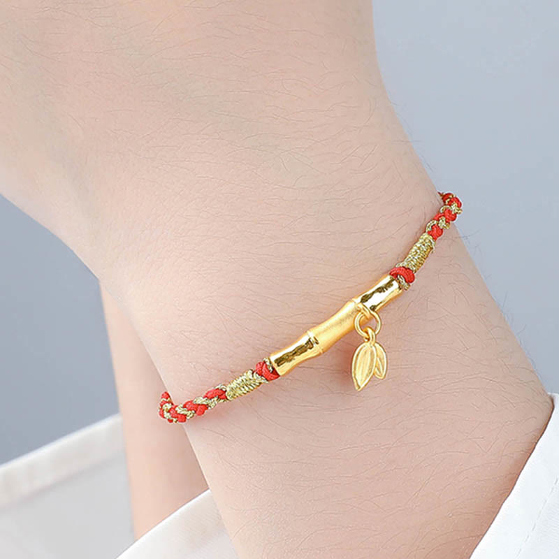 Buddha Stones 999 Gold Bamboo Leaf Design Handmade Protection Braided Rope Bracelet