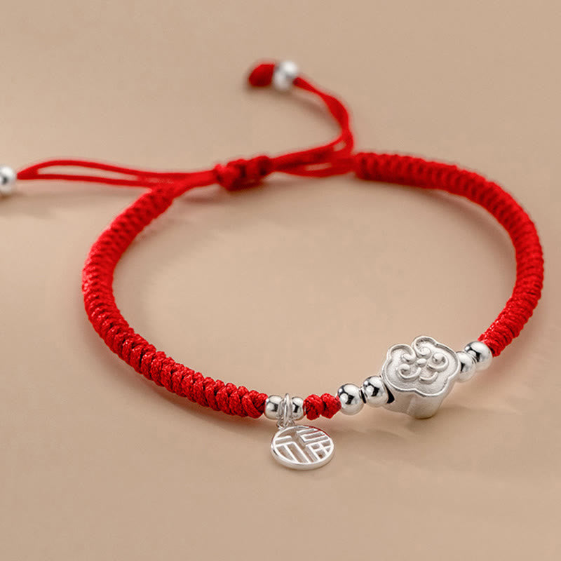 Buddha Stones Handmade 925 Sterling Silver Fu Character Auspicious Clouds Blessing Braided Rope Bracelet