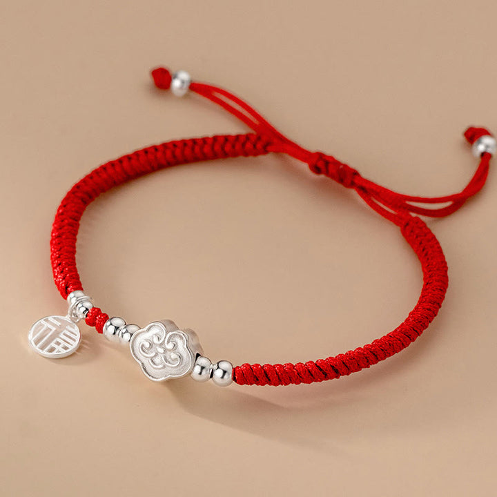 Buddha Stones Handmade 925 Sterling Silver Fu Character Auspicious Clouds Blessing Braided Rope Bracelet