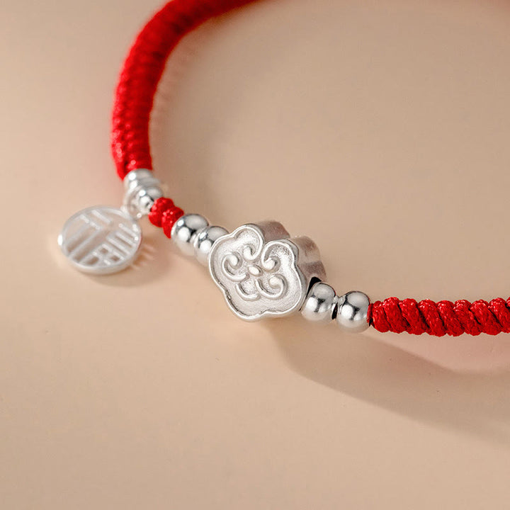 Buddha Stones Handmade 925 Sterling Silver Fu Character Auspicious Clouds Blessing Braided Rope Bracelet