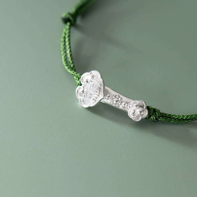 Buddha Stones Handmade 999 Sterling Silver Fu Character Wish Ruyi Handle Luck Braided Green Rope Bracelet - image 8