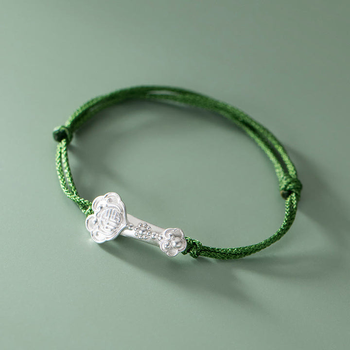 Buddha Stones Handmade 999 Sterling Silver Fu Character Wish Ruyi Handle Luck Braided Green Rope Bracelet - image 1