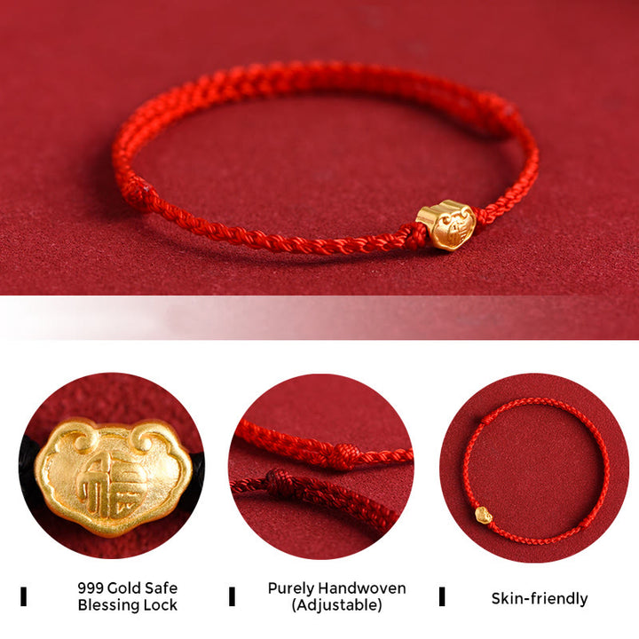 Buddha Stones 999 Gold Chinese Lock Charm Fu Character Protection Handmade Rope Bracelet - image 5
