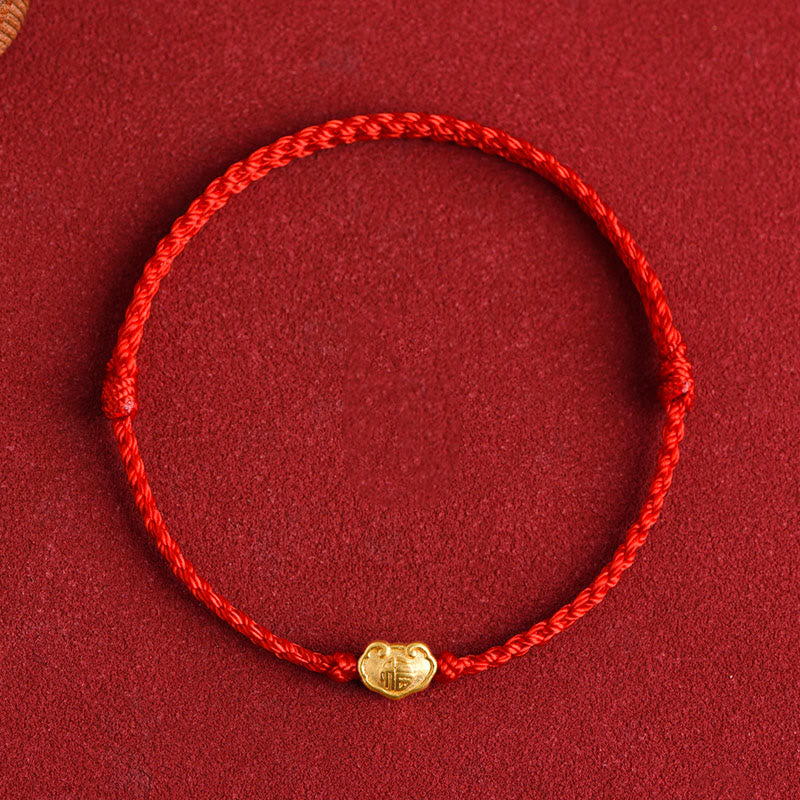 Buddha Stones 999 Gold Chinese Lock Charm Fu Character Protection Handmade Rope Bracelet