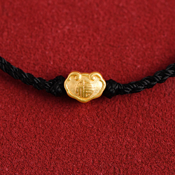 Buddha Stones 999 Gold Chinese Lock Charm Fu Character Protection Handmade Rope Bracelet