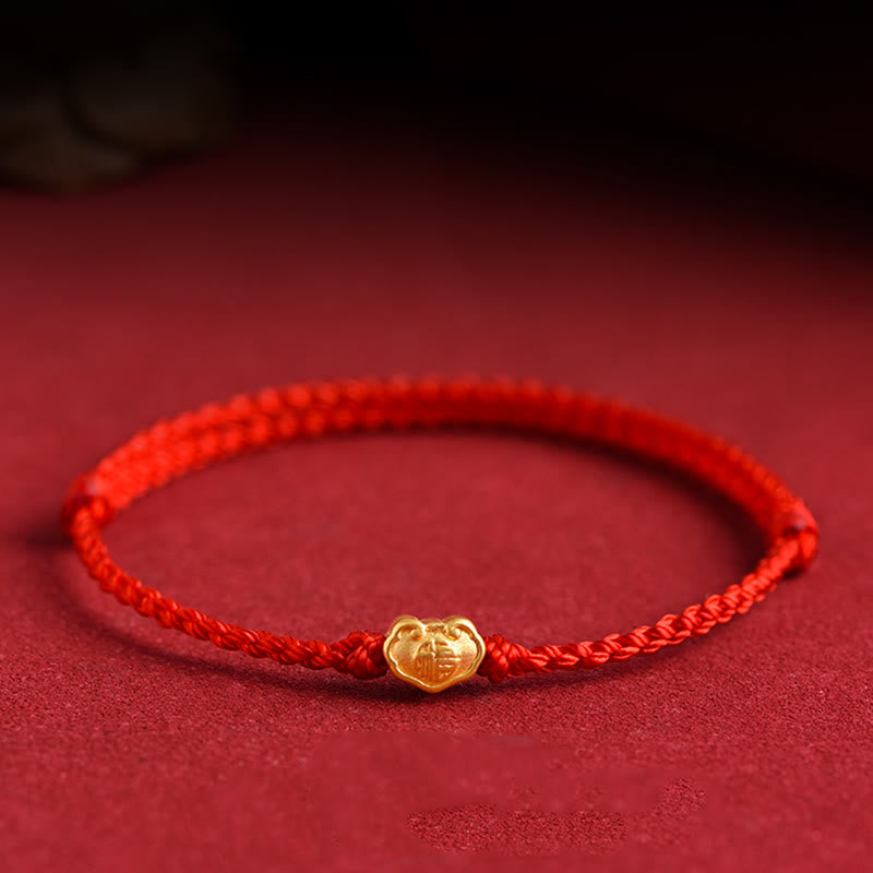 Buddha Stones 999 Gold Chinese Lock Charm Fu Character Protection Handmade Rope Bracelet - Red - Baby Version Fit For 0-4 Years Old(Wrist Circumference 12-18cm) - image 0