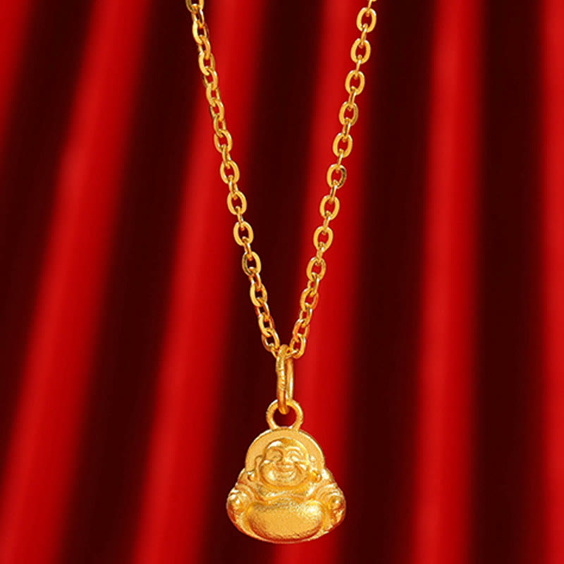 Buddha Stones 999 Gold Mini Laughing Buddha Luck Wealth Necklace Pendant