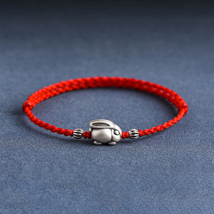 Buddha Stones Handmade 999 Sterling Silver Rabbit Luck Rope Bracelet Anklet - Large Rabbit Anklet(Circumference 18-30cm) - Red - image 0