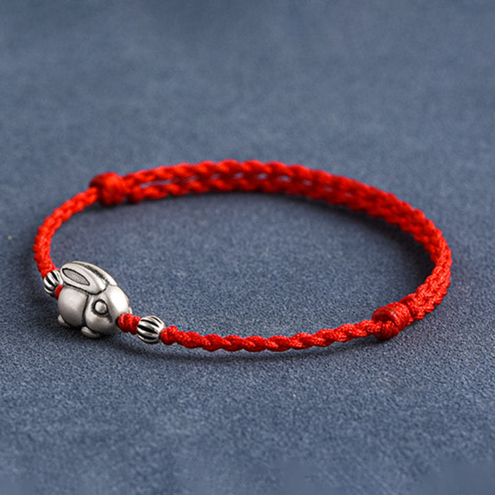 Buddha Stones Handmade 999 Sterling Silver Rabbit Luck Rope Bracelet Anklet