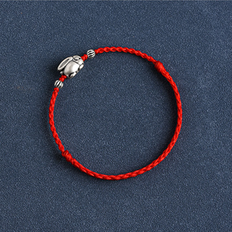 Buddha Stones Handmade 999 Sterling Silver Rabbit Luck Rope Bracelet Anklet