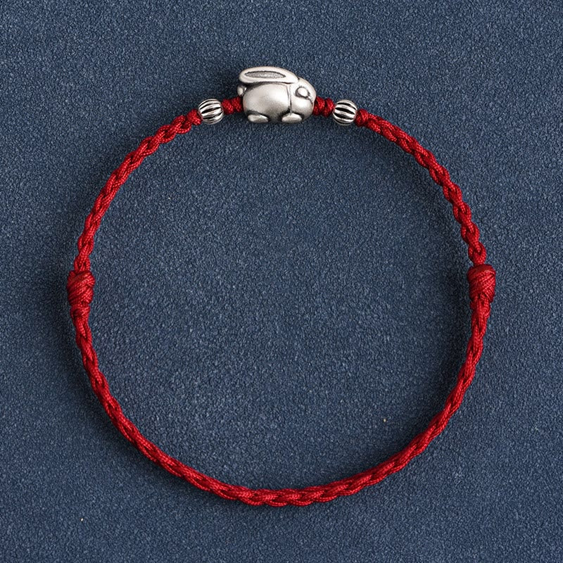 Buddha Stones Handmade 999 Sterling Silver Rabbit Luck Rope Bracelet Anklet