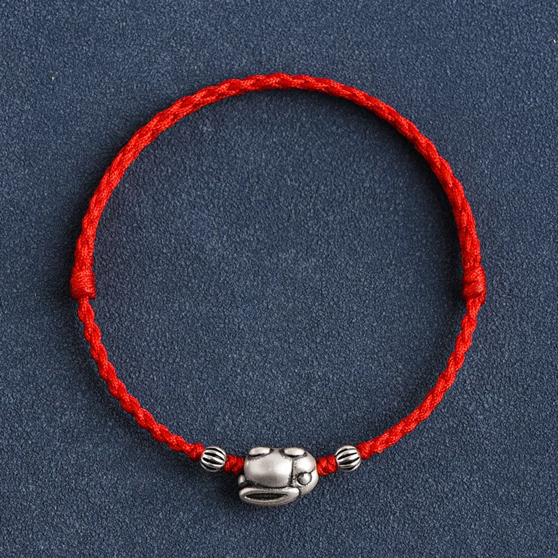 Buddha Stones Handmade 999 Sterling Silver Rabbit Luck Rope Bracelet Anklet