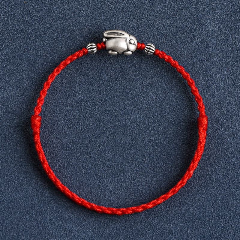 Buddha Stones Handmade 999 Sterling Silver Rabbit Luck Rope Bracelet Anklet - image 1