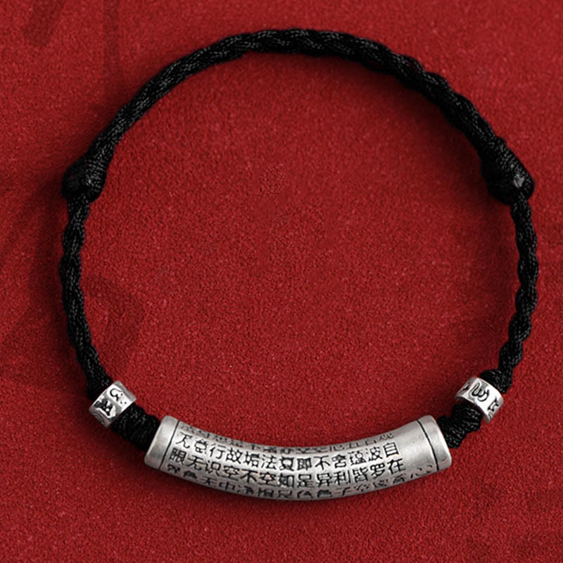 Buddha Stones Handmade 999 Sterling Silver Om Mani Padme Hum Heart Sutra Carved Luck Rope Bracelet Anklet - Anklet(Circumference 18-30cm) - Black - image 21