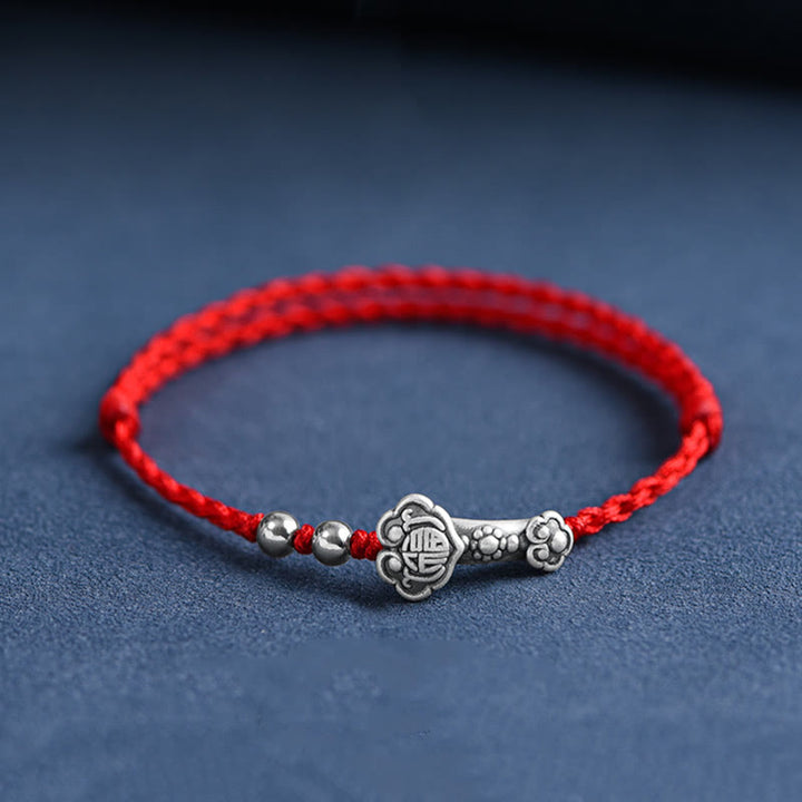 Buddha Stones Handmade 999 Sterling Silver Fu Character Wish Ruyi Handle Fortune Rope Bracelet Anklet - Anklet(Circumference 18-30cm) - Red - image 9